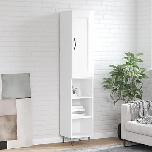 Qnhdfrt Highboard Hochglanz-Weiß Schrank aus Holzwerkstoff 34,5x34x180 cm mit praktischer Tür und Metallfüßen – Robuster Aufbewahrungsschrank für Wohnzimmer, Flur und Küche von Qnhdfrt