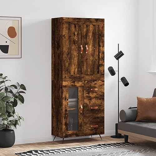 Qnhdfrt Highboard Räuchereiche 69,5x34x180 cm Holzwerkstoff mit Metallfüßen & Glas – Stilvoller Schrank für Wohnzimmer & Flur von Qnhdfrt