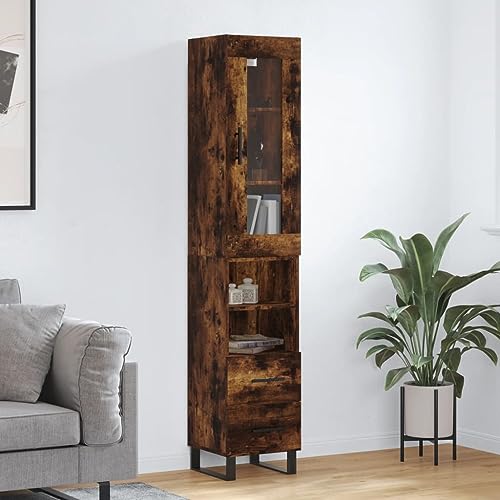 Qnhdfrt Highboard Räuchereiche aus Holzwerkstoff mit Metallfüßen & Glas - Stilvoller Aufbewahrungsschrank für Wohnzimmer & Flur von Qnhdfrt