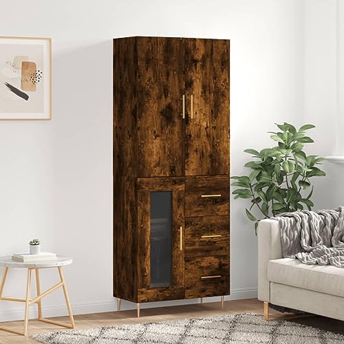 Qnhdfrt Highboard Räuchereiche aus Holzwerkstoff mit Metallfüßen und Glas – Stilvoller Aufbewahrungsschrank für Wohnzimmer und Flur von Qnhdfrt