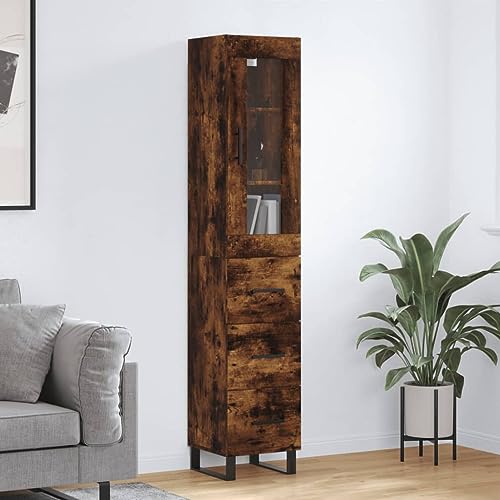 Qnhdfrt Highboard Räuchereiche aus Holzwerkstoff mit Metallfüßen & Glas - Stilvoller Schrank für Wohnzimmer & Flur von Qnhdfrt
