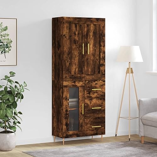 Qnhdfrt Highboard Räuchereiche aus Holzwerkstoff mit Metallfüßen und Glas – Stilvolles Sideboard für Wohnzimmer und Küche von Qnhdfrt