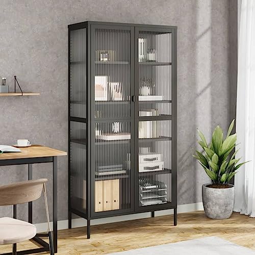 Qnhdfrt Highboard Schwarz 85x40x180 cm Modernes Sideboard mit Riffelglas und Pulverbeschichtetem Stahl für Wohnzimmer Flur Küche Viel Stauraum von Qnhdfrt