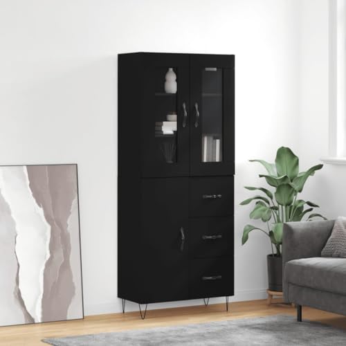Qnhdfrt Highboard Schwarz Holzwerkstoff mit Metallfüßen 69,5x34x180 cm – Elegantes Design, viel Stauraum für Wohnzimmer Flur oder Küchenbereich als Sideboard und Aufbewahrungsschrank von Qnhdfrt