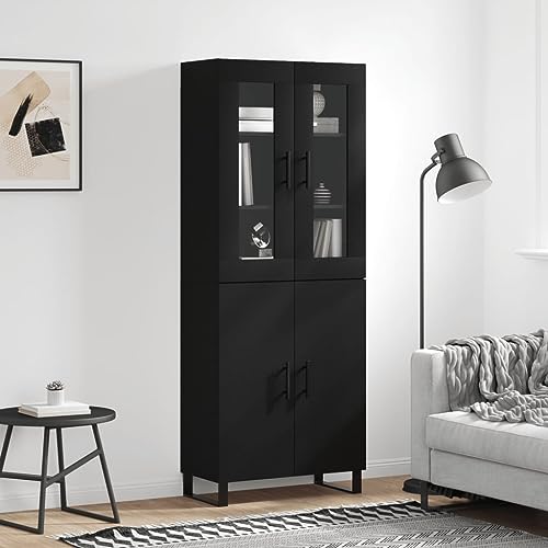 Qnhdfrt Highboard Schwarz aus Holzwerkstoff mit Sideboard und Metallfüßen 69,5x34x180 cm Elegantes Design Viel Stauraum für Wohnzimmer Flur oder Küchenbereich von Qnhdfrt