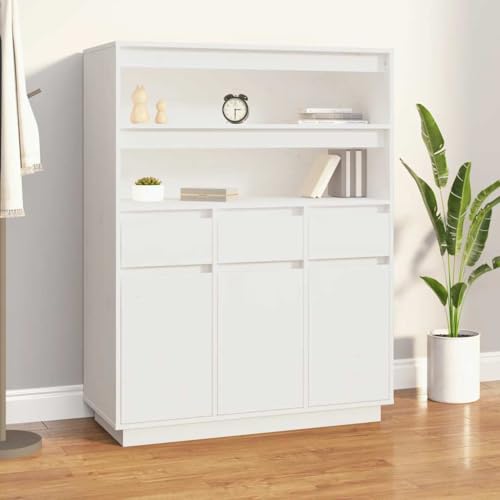 Qnhdfrt Highboard Sideboard Weiß Massivholz Kiefer 89x40x116,5cm Schrank mit Schubladen und Fächern für Wohnzimmer Flur Landhausstil Qnhdfrt Highboard Sideboard Weiß Massivholz Kiefer 89x40x116,5cm Schrank mit Schubladen und Fächern für Wohnzimmer Flur Landhausstil von Qnhdfrt