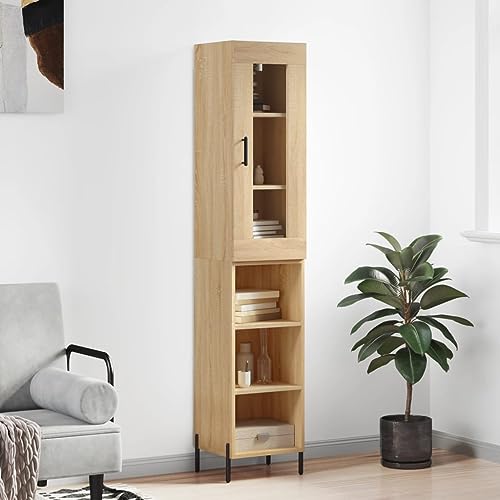 Qnhdfrt Highboard Sonoma-Eiche aus Holzwerkstoff mit Eisenbeinen & Glas – Stilvolles Wohnzimmermöbel mit viel Stauraum (34,5x34x180 cm) von Qnhdfrt