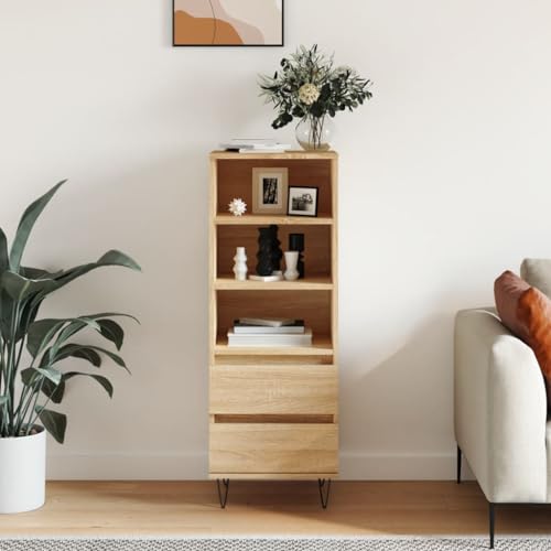 Qnhdfrt Highboard Sonoma-Eiche aus Holzwerkstoff mit Metallfüßen, 40x36x110 cm, industrielles Design, 3 offene Fächer & 2 Schubladen für optimalen Stauraum, für Wohnzimmer, Flur oder Küche von Qnhdfrt