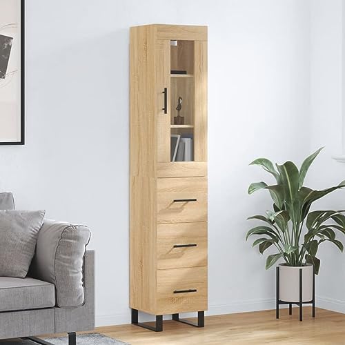 Qnhdfrt Highboard Sonoma-Eiche aus Holzwerkstoff mit Metallfüßen & Glas von Qnhdfrt