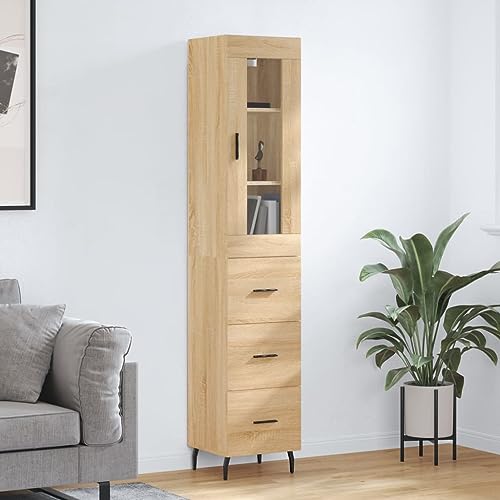 Qnhdfrt Highboard Sonoma-Eiche aus Holzwerkstoff mit Metallfüßen & Glas von Qnhdfrt