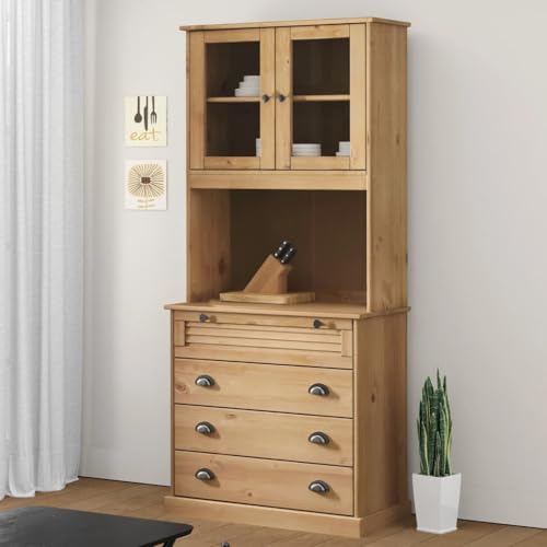 Qnhdfrt Highboard VIGO 80 cm Breit Massivholz Kiefer mit Honigwachs-Finish, Sideboard mit Schubladen und Glas-Türen für Wohnzimmer, Esszimmer oder Flur Qnhdfrt Highboard VIGO 80 cm Breit Massivholz Kiefer mit Honigwachs-Finish, Sideboard mit Schubladen und Glas-Türen für Wohnzimmer, Esszimmer oder Flur von Qnhdfrt