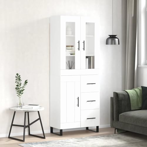Qnhdfrt Highboard Weiß aus Holzwerkstoff mit Glas und Metallfüßen – Stilvoller Schrank für Wohnzimmer und Flur mit viel Stauraum von Qnhdfrt