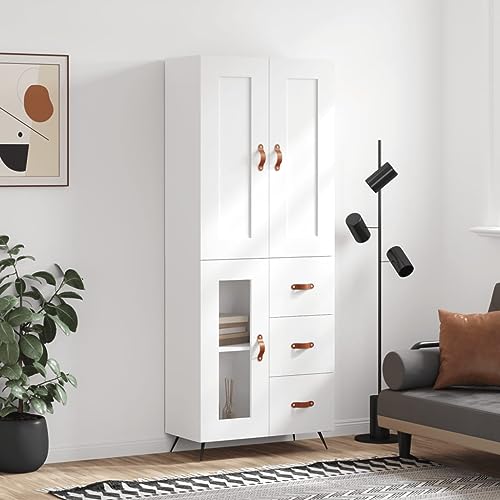 Qnhdfrt Highboard Weiß aus Holzwerkstoff mit Glas und Metallfüßen – Stilvoller Schrank für Wohnzimmer und Flur von Qnhdfrt