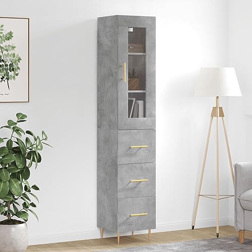 Qnhdfrt Highboard mit Sideboard Betongrau 34,5x34x180 cm aus Holzwerkstoff Metall Glas mit praktischer Tür und Metallfüßen für Elegantes Wohnzimmer und Flur von Qnhdfrt