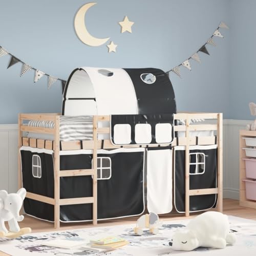 Qnhdfrt Hochbett für Kinder aus Kiefernholz mit Vorhang-Set und Tunnel 90x200 cm Einzelbett mit Sicherheitsgeländer und Stauraum für Spielzeug Kinderzimmer von Qnhdfrt