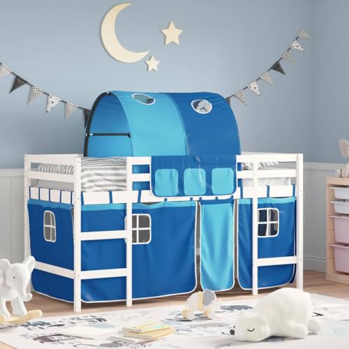 Qnhdfrt Hochbett für Kinder aus Massivholz Kiefer mit Vorhang-Set und Tunnel 80x200 cm Weiß Sicherheitsgeländer und Stauraum für Kinderzimmer von Qnhdfrt