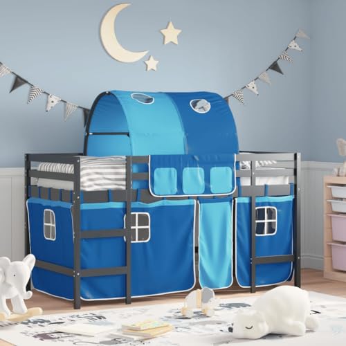 Qnhdfrt Hochbett für Kinder aus Massivholz Kiefer mit Vorhang-Set und Tunnel 90x200 cm Stauraum Sicherheitsgeländer für Kinderzimmer von Qnhdfrt