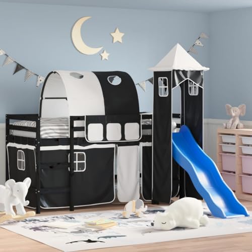 Qnhdfrt Hochbett für Kinder aus Massivholz mit Rutsche und Vorhang-Set 90x190 cm Schwarzes Kiefernholz Bett mit Spielbereich und Stauraum für Kinderzimmer von Qnhdfrt