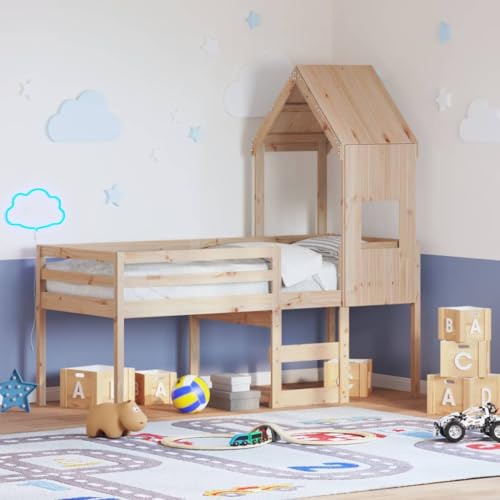 Qnhdfrt Hochbett mit Dach aus Massivholz Kiefer 75x190 cm Platzsparendes Kinderbett mit Spielvorhang Option und Stauraum für Kleinkinder von Qnhdfrt