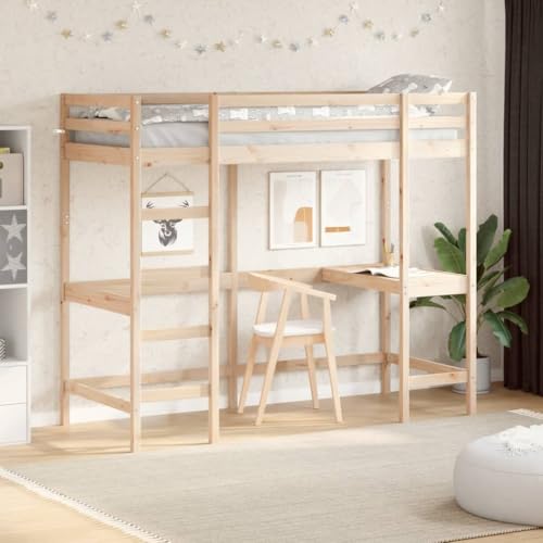 Qnhdfrt Hochbett mit Schreibtisch aus Massivholz Kiefer 80x200 cm Platzsparendes Jugendbett mit Schutzgittern und Arbeitsbereich für Kinderzimmer von Qnhdfrt