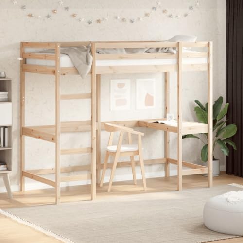 Qnhdfrt Hochbett mit Schreibtisch aus massiver Kiefer 100x200 cm Platzsparendes Jugendbett mit Sicherheitsgitter und geräumigem Arbeitsbereich für Kinderzimmer von Qnhdfrt