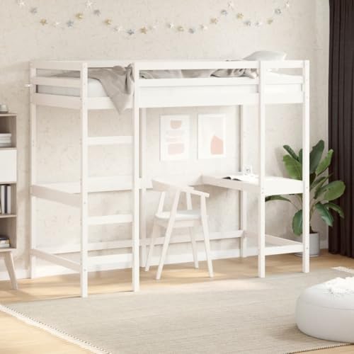 Qnhdfrt Hochbett mit Schreibtisch aus massiver Kiefer Weiß 90x200 cm Platzsparendes Jugendbett mit Sicherheitsgitter und Arbeitsplatz für Kinderzimmer von Qnhdfrt