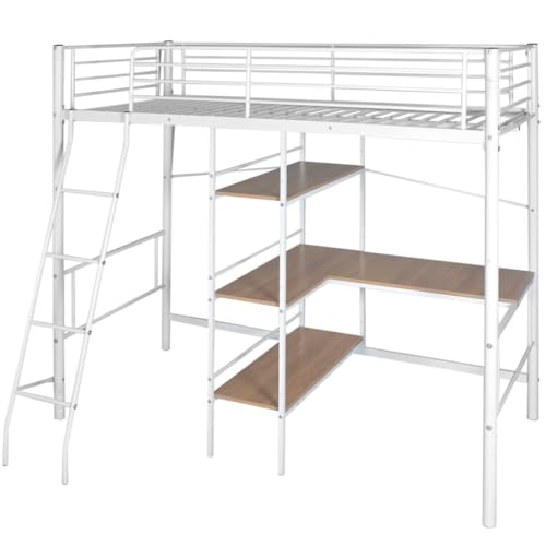 Qnhdfrt Hochbett mit Schreibtisch und 3 Regalen Weiß & Braun Metall 90×200 cm Platzsparendes Jugendbett mit Schutzgittern und robuster Konstruktion für Kinderzimmer und Gästezimmer von Qnhdfrt