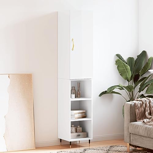 Qnhdfrt Hochglanz-Weiß Highboard Schrank aus Holzwerkstoff 34,5x34x180 cm mit Metallfüßen für Wohnzimmer und Küche von Qnhdfrt