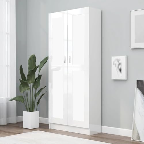 Qnhdfrt Hochglanz-Weißer Bücherschrank aus Holzwerkstoff 82,5x30,5x185,5 cm Schmaler Hochschrank mit 5 Fächern und 2 Türen Elegantes Design für Wohnzimmer Büro Aufbewahrung von Qnhdfrt