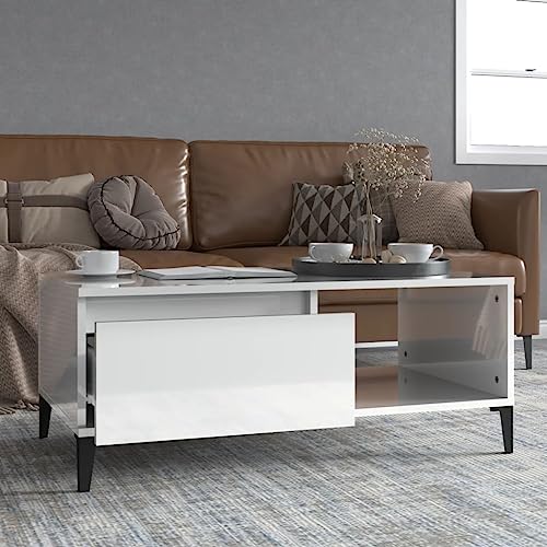 Qnhdfrt Hochglanz-Weißer Couchtisch aus Holzwerkstoff und Metall 90x50x36,5 cm mit Stauraum Industrielles Design für Wohnzimmer Schlafzimmer und Flur von Qnhdfrt