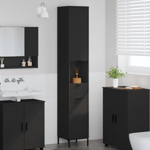 Qnhdfrt Hochschrank Schwarz 190 cm Holzwerkstoff mit 1 Schublade und 2 Türen platzsparendes Modernes Design für kleine Badezimmer Flur und Schlafzimmer von Qnhdfrt