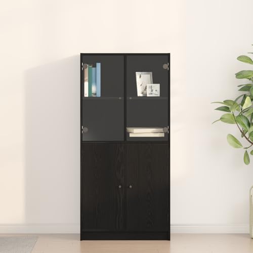 Qnhdfrt Hochschrank mit 4 Glastüren Schwarz Eiche 68x37x142 cm Moderner Stauraum für Wohnzimmer Holzwerkstoff Möbel von Qnhdfrt