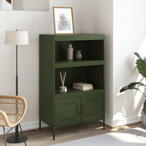 Qnhdfrt Industrial Highboard Schrank aus Stahl in Olivgrün 68x39x113 cm mit 2 Ablagen 2 Fächern Robust und Stabil für Wohnzimmer Schlafzimmer als Sideboard Aufbewahrung von Qnhdfrt