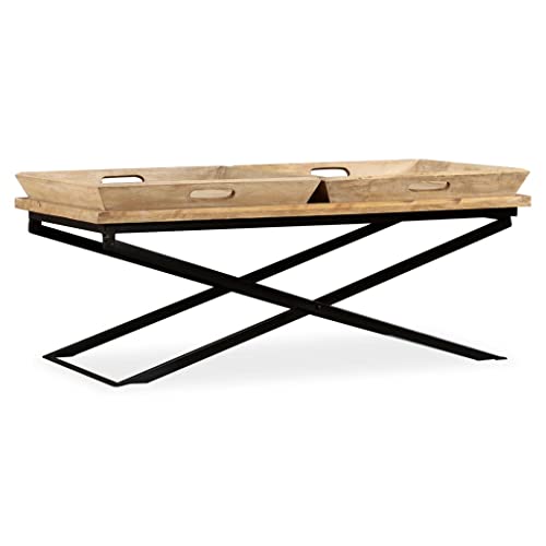 Qnhdfrt Industrieller Couchtisch aus massivem Mangoholz Braun mit X-Bein Design und 2 abnehmbaren Tabletts 110x55x42 cm für Wohnzimmer Schlafzimmer Flur Industrie-Stil von Qnhdfrt