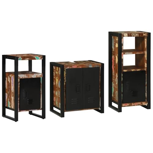 Qnhdfrt Industrielles Badezimmermöbel Set 3 pcs aus Massivem Recyceltem Holz Mehrfarbig Schmal Klein mit Stauraum für Moderne Bäder von Qnhdfrt