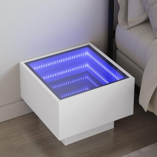 Qnhdfrt Infinity-LED Nachttisch Weiß 40x40x30 cm mit Holzwerkstoff und Glas - Moderner Beistelltisch mit RGB-Beleuchtung für Schlafzimmer und Wohnzimmer von Qnhdfrt