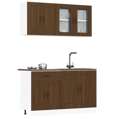 Qnhdfrt Kalmar 4-TLG. Küchenschrank-Set Braun Eichen-Optik Holzwerkstoff mit Glaselementen Küchenzeile für optimierten Stauraum von Qnhdfrt