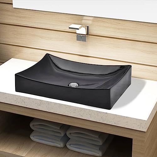 Qnhdfrt Keramik Waschbecken Rechteckig Schwarz 655 x 390 x 140 mm Hochglanz Oberfläche Modernes Design Aufsatzwaschbecken für Badezimmer Gäste WC und Schminkraum von Qnhdfrt