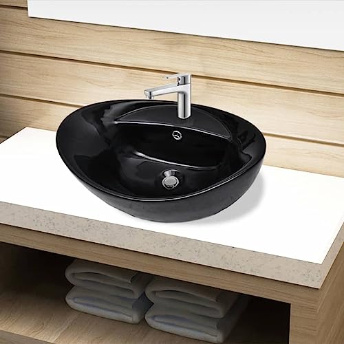 Qnhdfrt Keramik Waschbecken Schwarz Oval 585 x 390 x 210 mm Modernes Design mit Hochglanzoberfläche Überlauf und Hahnloch für Badezimmer Gäste WC oder Schminkraum Qnhdfrt Keramik Waschbecken Schwarz Oval 585 x 390 x 210 mm Modernes Design mit Hochglanzoberfläche Überlauf und Hahnloch für Badezimmer Gäste WC oder Schminkraum von Qnhdfrt