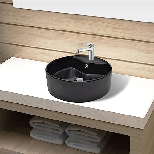 Qnhdfrt Keramik Waschbecken Schwarz Rund 465 x 155 mm Hochglanz Oberfläche Modernes Design mit Überlauf und Hahnloch für Badezimmer Gäste WC und Camping von Qnhdfrt