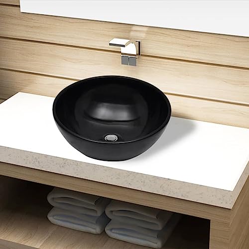 Qnhdfrt Keramik Waschbecken rund schwarz 325 x 140 mm Hochglanz Oberfläche Modernes Design Aufsatzwaschbecken für Badezimmer Gäste WC und Camping von Qnhdfrt