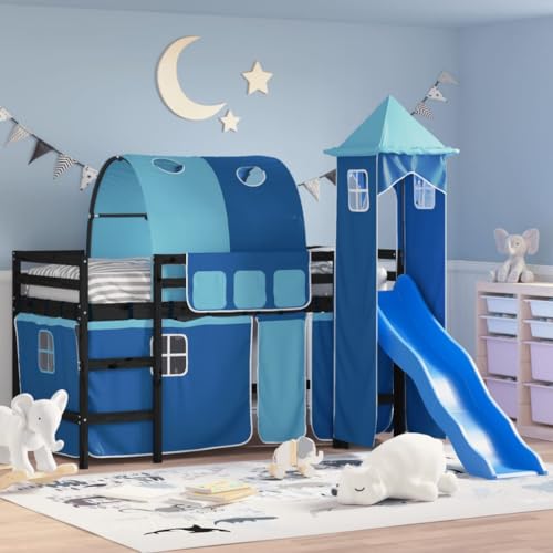 Qnhdfrt Kinder Hochbett mit Rutsche und Vorhang Set aus Kiefern Massivholz 80x200 cm Schwarz Blau Spielbett mit Sicherheitsgeländer und Stauraum für Kinderzimmer von Qnhdfrt