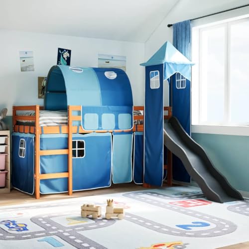 Qnhdfrt Kinder Hochbett mit Rutsche und Vorhang Set aus Massivholz Kiefer 205.5 x 93 x 113.5 cm Wachsbraun Anthrazit Blau für Kinderzimmer Spielzimmer von Qnhdfrt