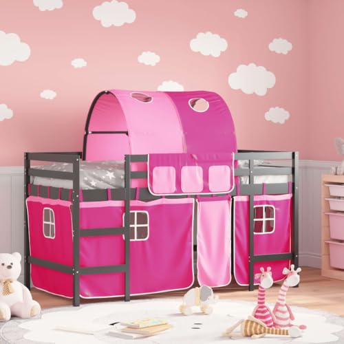 Qnhdfrt Kinderhochbett aus Massivholz Kiefer mit Vorhang-Set und Tunnel 90x200 cm Hochbett mit Stauraum und Sicherheitsgeländer für Kinderzimmer von Qnhdfrt