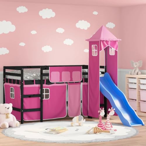 Qnhdfrt Kinderhochbett mit Rutsche und Turm aus Massivholz Kiefer 80x200 cm Rosa Vorhänge Sicherheitsgeländer Stauraum für Kinderzimmer Qnhdfrt Kinderhochbett mit Rutsche und Turm aus Massivholz Kiefer 80x200 cm Rosa Vorhänge Sicherheitsgeländer Stauraum für Kinderzimmer von Qnhdfrt