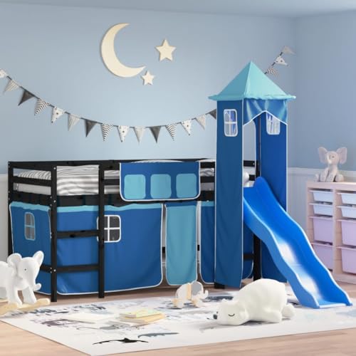 Qnhdfrt Kinderhochbett mit Rutsche und Turm aus Massivholz Kiefer 90x190 cm Blau Vorhänge Stauraum Spielbett für Kinderzimmer Qnhdfrt Kinderhochbett mit Rutsche und Turm aus Massivholz Kiefer 90x190 cm Blau Vorhänge Stauraum Spielbett für Kinderzimmer von Qnhdfrt