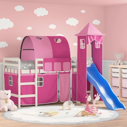 Qnhdfrt Kinderhochbett mit Rutsche und Vorhang Set Rosa aus Massivholz Kiefer 80x200 cm mit Sicherheitsgeländer und Stauraum für Kinderzimmer von Qnhdfrt