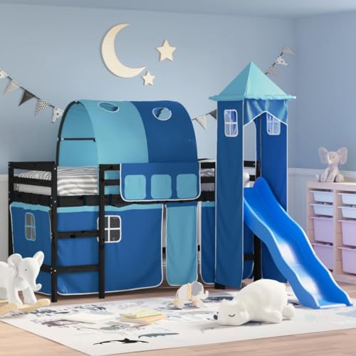 Qnhdfrt Kinderhochbett mit Rutsche und Vorhang-Set aus Massivholz Kiefer 90x190 cm Spielbett mit Sicherheitsgeländer und Stauraum für Kinderzimmer von Qnhdfrt