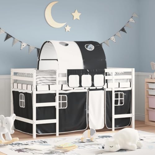 Qnhdfrt Kinderhochbett mit Tunnel und Vorhang-Set aus Kiefern-Massivholz Weiß 90x200 cm mit Stauraum und Rausfallschutz für Kinderzimmer von Qnhdfrt