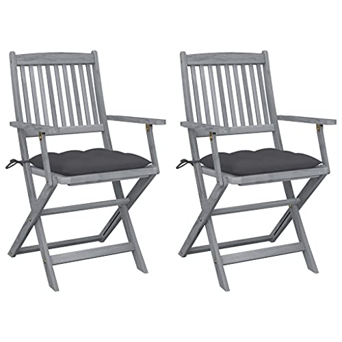 Qnhdfrt Klappbare Gartenstühle 2 Stück mit Anthrazit Kissen Massivholz Akazie Grau Faltbar für Garten Terrasse Balkon Camping Outdoor Möbel Modernes Design Robust von Qnhdfrt